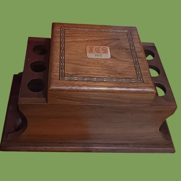 Vintage 1975 Wooden Pipe Stand Tobacco Box With Holder And Hinged Lid - Picture 1 of 12
